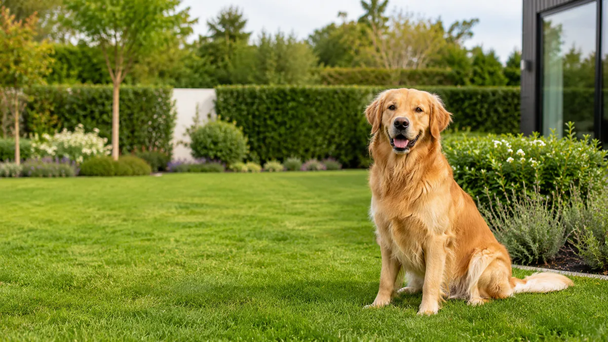 Glad hund i en ren, grøn have